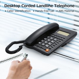 Desktop Corded Telephone Landline Telephone with Caller Identification LCD Screen Adjustable Brightness Black(US Telephone Line)