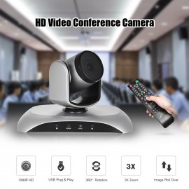 1080P HD Conference Camera USB Plug & Play 3X Zoom 360° Rotation with Remote Control Power Adapter for Video Meetings Training Teaching