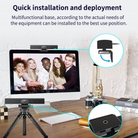 2K Webcam 3-in-1 HD Video Conference Camera with Microphone and Speaker AI Face Tracking Auto Focus 360° Voice Pickup 4 Megapixel USB Plug & Play Compatible with Windows Android Mac for Video Conference/Online Course/Live Streaming