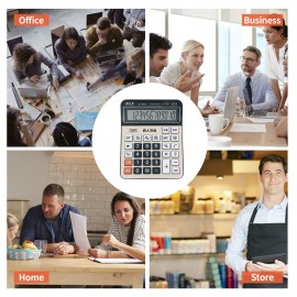 Office Desktop Calculator 12 Digit Large Display LCD Metal Surface Big Sensitive Buttons Battery Powered Electronic Calculator with Time Date Show Alarm Clock Function for Business Home Supplies