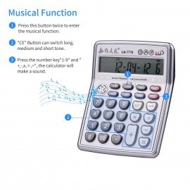 Musical Desktop Calculator 12-Digits LCD Display Electronic Calculator Counter Big Buttons with Music Piano Play Time Date Show Alarm Clock Function for Office Business Classroom Home Supplies